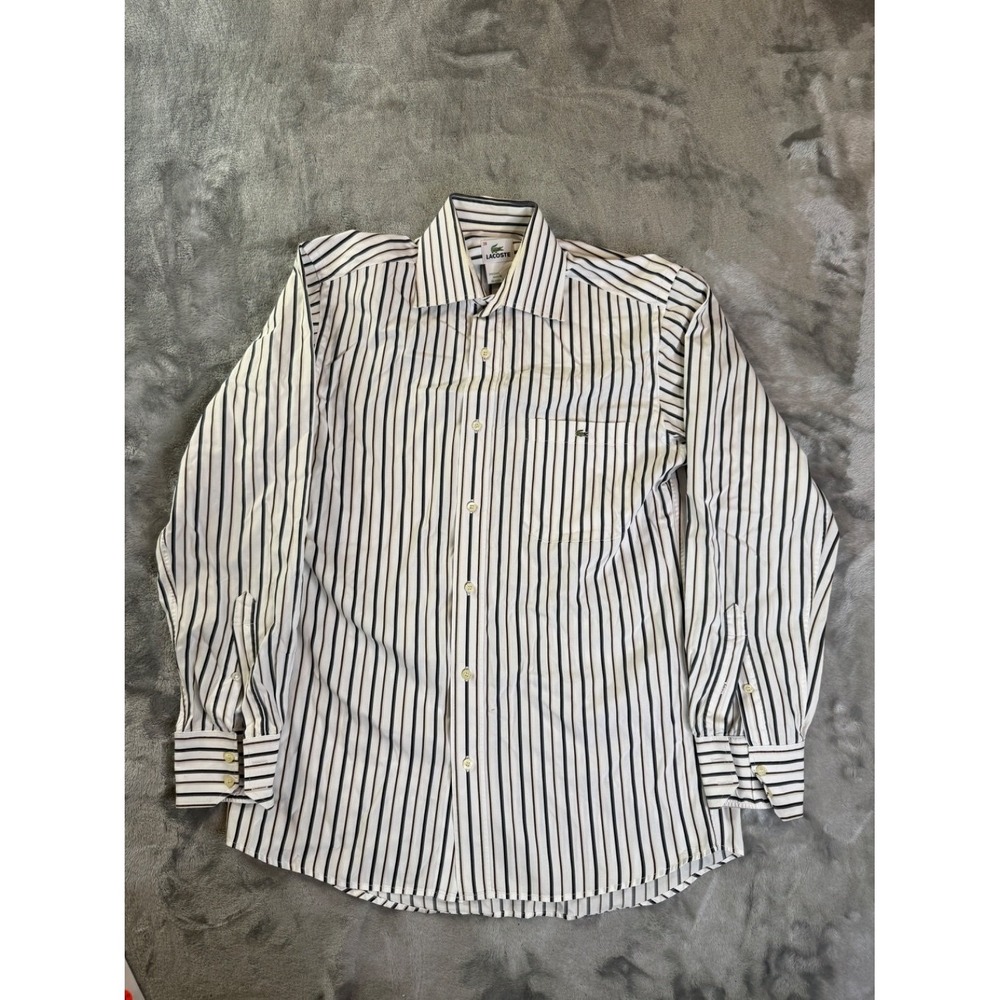 Lacoste Long Sleeve Button Up Dress Shirt Mens Size 38 White Striped Embroidered